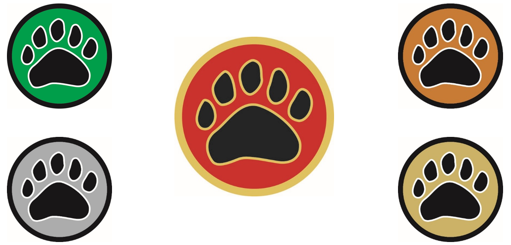 Series of badge logos featuring a cartoon badger's paw in various colours